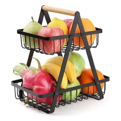 Picture of 1 pcs 2-Tier Metal Fruit Basket Portable Kitchen Storage Countertop Shelf Rack for Fruits Vegetables Household Toiletries-Black