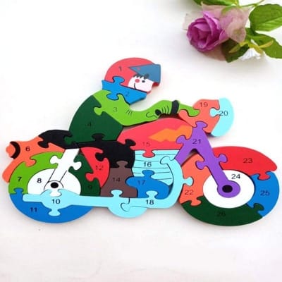 Picture of 3D Wooden Cartoon Puzzle Motorcycle Colorful Jigsaw Number and Alphabet 26 Letters For Kids Learning Educational Toys-Multicolor