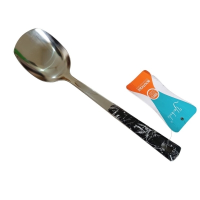 Picture of 10 Inch Stainless Steel Solid Turner Spoon, Silver, Non-Magnetic. Elegant Marble Stone Black Color Cover Plastic Handle. Ideal for Cooking and Serving, Effortless Handling in Any Kitchen Setting.-Silver