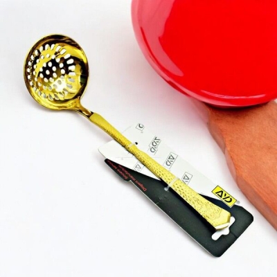 Picture of Golden 9-Inch Stainless Steel Cooking Skimmer - Round Slotted Spoon with Mirror Polish for Cooking and Serving - Durable and Stylish Kitchen Utensil - 1 Piece-Gold