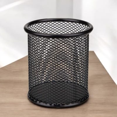 Picture of "Round Black Metal Mesh Pen Holder - Multifunctional Desk Organizer, Durable, Fireproof & High-Temperature Resistant, Coated Finish, 9.5 x 8.5 cm, Ideal for Home & Office, 1 Piece"-Black