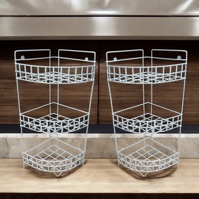 Picture of "2-Pack 3-Step Hanging Corner Storage Rack – Durable Iron, White Finish, Triangle Shape, Easy Wall Installation, Perfect for Kitchen Organization"-White