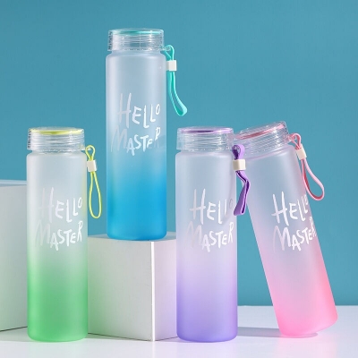 Picture of 1 pcs glass water bottle a Most popular college girls gradient color reusable glass cup plastic lid drink water bottle-Multicolor