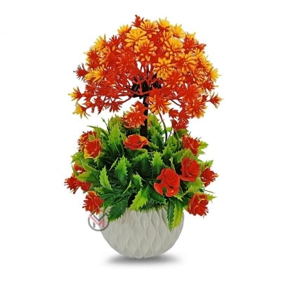 Picture of 2 layer Flower Bonsai Artificial Grass Plants with Pot for Home Decor Decorative Office Indoor Decor Red-Yellow-Yellow
