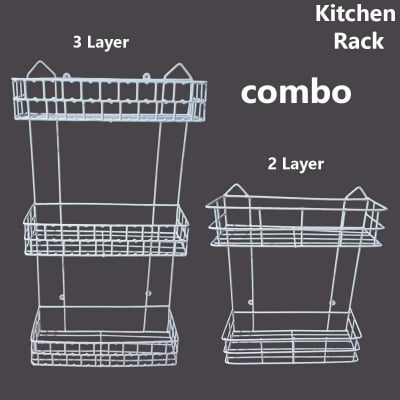Picture of 2 pcs set, 1 pcs 3 Step and 1 pcs 2 step square shape Walls For The Kitchen Hanging Rack - Optimize Your Kitchen Storage With This square shape Hanging Rack made is high quality iron stick white colour, made is high quality iron stick white colour combo p-White