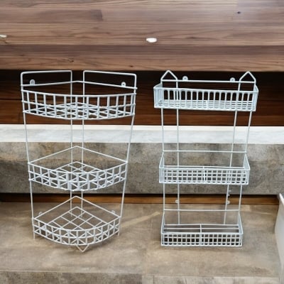 Picture of "2-Piece Set: 3-Step Triangle & Square Hanging Corner Racks – Durable Iron, White Finish, Easy Wall Installation, Space-Saving for Kitchen Organization"-White