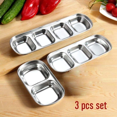 Picture of 3 pcs set ( 2,3 &4 compartment ) Sauce Dish Snack Serving Tray 304 Stainless Steel Sauce Dishes Spice Plates Kitchen Supplies Spice Plate-Silver