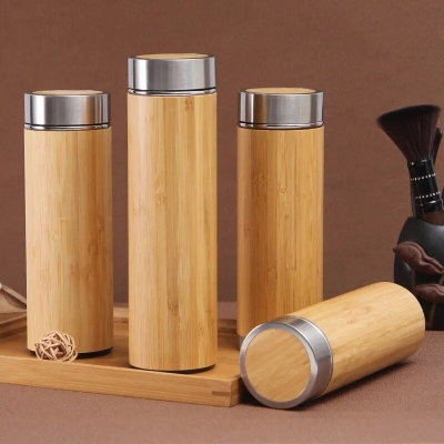 Picture of 500ml Creative Bamboo Thermos Bottle Stainless Steel Water Bottles Vacuum Portable Coffee Bottle Thermos Cup-Brown