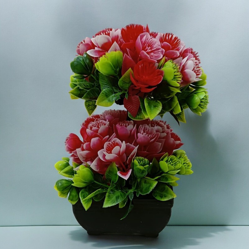 Picture of Artificial Bonsai Tree with 2 Heads, Multiple Color Flowers, Plastic Vases for Office Table Decor, Gram Beauty Flower Included-Multicolor