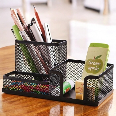 Picture of "Multifunctional Black Metal Desk Organizer - Creative 3-Grid Rack, Fireproof Pen Holder, High-Temperature Resistant, Coated Finish, 20.4 x 10.4 x 9.7 cm, Ideal for Office & Student Desks, 1 Piece"-Black