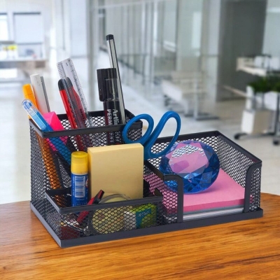 Picture of "Black Metal Desk Organizer - Multifunctional Creative 3-Grid Rack, Fireproof & High-Temperature Resistant, Coated Finish, 20.4 x 10.4 x 9.7 cm, Ideal for Office & Student Desks, 1 Piece"-Black