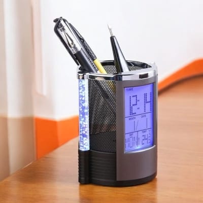 Picture of "Multifunctional Desk Organizer: Gift Centre Pen Holder with Digital LCD Alarm Clock, Bubble LED Lights, Countdown Timer, Temperature Display, Durable Plastic, Black & Silver Mix, Powered by Pencil Battery, Ideal for Office & Student Desks, 1 Piece"-Black