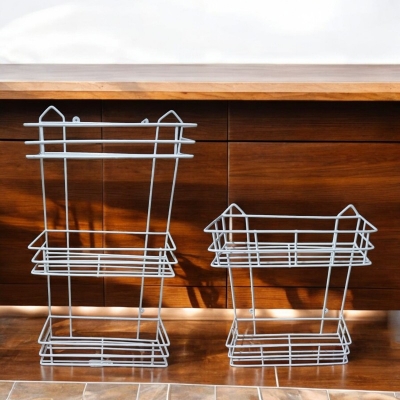 Picture of "Set of 2 – Square 3-Step and 2-Step Hanging Corner Racks – White Iron, Easy Installation, Modern Design for Efficient Kitchen Space Saving and Organization"-White