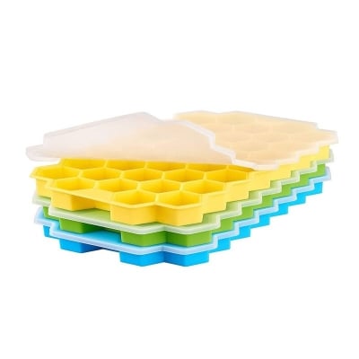 Picture of Ice Cube Tray with Silicon Ice Mold Trays Flexible Silicone Honeycomb Design 37 Cavity Ice Cube Tray with Lid Multicolor-Multicolor