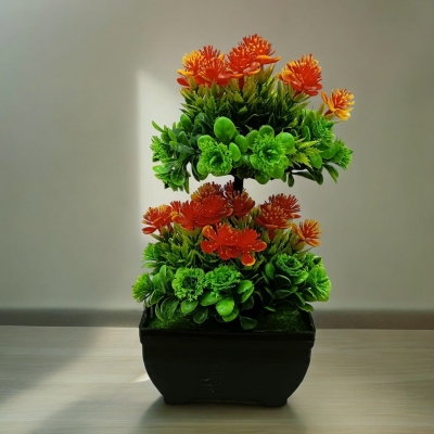 Picture of Artificial Bonsai Tree: 2 Heads, Multiple Color Flowers, Plastic Vases for Office Table Decoration, Gram Beauty Flower Included-Multicolor