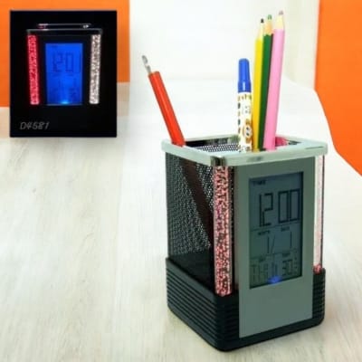 Picture of Gift Centre Square Shape Pen Holder with Digital Clock & LED Lights - Multifunctional Desk Organizer with Countdown Timer & Temperature Display, Durable Black/Silver Plastic, Battery Operated, Ideal for Office/Student, 1 Piece-Black
