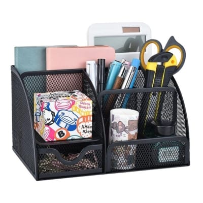 Picture of "Desktop Pen Organizer - Office Metal Storage Box with Multiple Compartments, Square Mesh Container"-Black