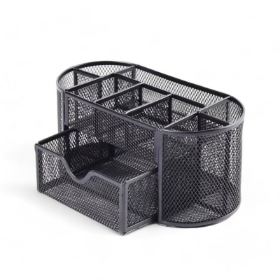 Picture of "Multi-Functional Black Metal Desk Organizer - Fireproof Pen Holder, Durable, High-Temperature Resistant, Coated Finish, 10.5 x 11 x 22 cm, Perfect for Office & School Supplies, 1 Piece"-Black