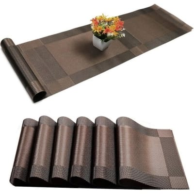 Picture of 6 pcsPlacemats with Table Runner Set Place Mats Woven Vinyl Heat Resistant Washable Kitchen Tablemat for Dining Table Indoor Outdoor Placemat (1 Table Runner and 6 Placemats_coffee)-Coffee