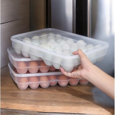 Picture of BPA-Free Egg Storage Box with Lid, Food-Grade Plastic, 34 Grids, Perfect for Fridge/Kitchen, Fits Each Egg, Holds 34 Eggs, 1 Pc.-White