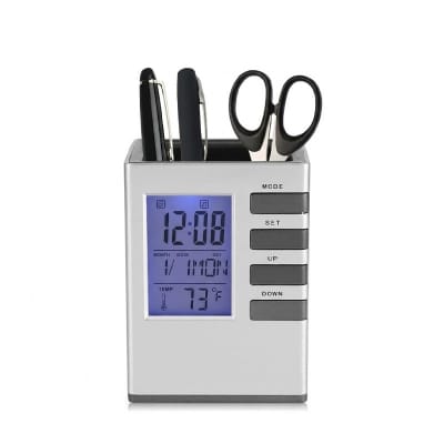Picture of Multifunctional Digital Desk Pen Holder Pen Holder Desk Organiser LED Alarm Clock Thermometer Calendar Display-Silver