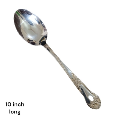 Picture of Silver Stainless Steel Long Rice Spoon - 10 Inch, Mirror Polish, Golden Cutting Print Handle, Ideal for Cooking and Serving-Silver