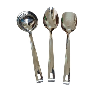 Picture of Set of 3 Stainless Steel Kitchen Spoons, 10 Inch: Solid Turner, Big Soup, and Serving Spoons, Silver Finish. Non-Magnetic with Mirror Polish, Ideal for Cooking and Serving, Ensuring Versatility.-Silver