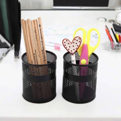 Picture of 2-Piece Black Metal Cylinder Pencil Holder - Durable Desk Organizer for Office & Student Desks, Fireproof & High-Temperature Resistant, Coated Finish, 9.5 x 8.5 cm, Large Capacity for Pens & Stationery Storage-Black