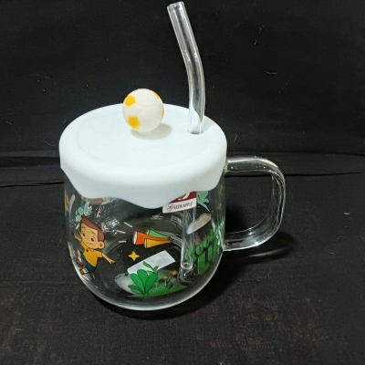 Picture of 1 pcs Glass Juice Sipper Mug with silicon Lid & Glass Straw-Multicolor