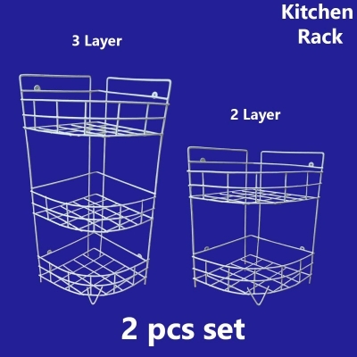Picture of 2 pcs set, 1 pc 3 Step and 1 pc 2 step Hanging Corner Storage Rack Organizer Kitchen Rack Maximize Space with This 3-Step Hanging Corner Storage Rack, made is high quality iron stick white colour combo pack-White