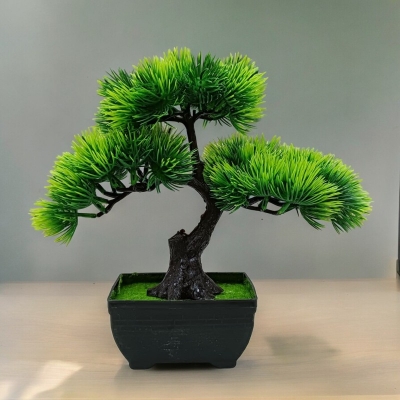 Picture of Artificial Bonsai Tree with 3 Green Heads and Plastic Vases for Office Decoration, Gram Beauty Flower-Multicolor