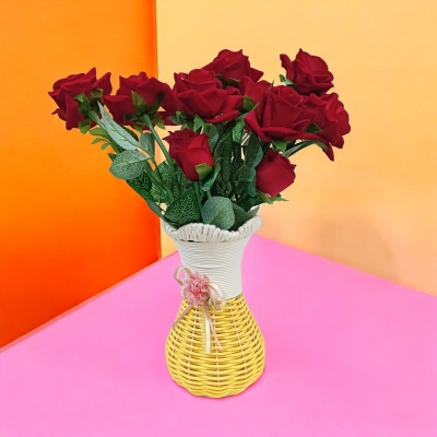 Picture of Multicolor Velvet Roses in Fantastic Flowers Guldasta Pot - 14-15 Real Looking Heads, Plastic & Fabric, Includes Vase & 3 Sticks - Perfect for Home & Restaurant Decor-Multicolor