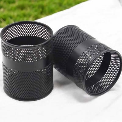 Picture of Black Metal Cylinder Desk Organizers (2 Pieces) - Multifunctional Pencil Holders, Durable & Fireproof, High-Temperature Resistant, Coated Finish, 9.5 x 8.5 cm, Perfect for Office & Student Desks-Black