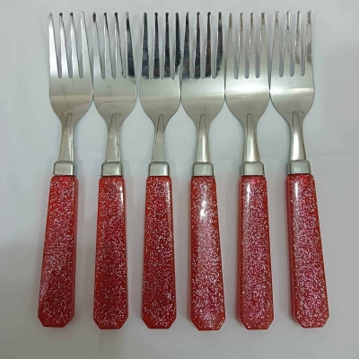 Picture of Dining Fork 6-Pieces Set for Kitchen and Dining Table Steel with Glitter Red Plastic Handle Fork Spoon Set for Home and Kitchen (Set of 6)-Red