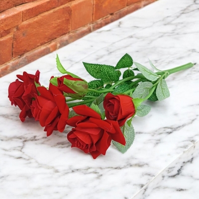 Picture of Beautiful 12-inch Red Rose Flower Bunch - Natural Looking Leaves, 5 Flowers-Multicolor
