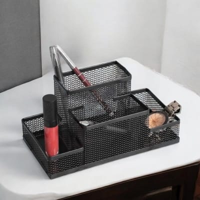 Picture of "Multifunctional Fashionable Black Metal Mesh Desk Organizer - Durable Pen Holder Box, Fireproof & High-Temperature Resistant, Coated Finish, 20.4 x 10.4 x 9.7 cm, Perfect for Office & Student Desks, 1 Piece"-Black