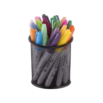 Picture of "Round Black Metal Desk Organizer - Multifunctional Mesh Pen & Pencil Holder, Durable, Fireproof, High-Temperature Resistant, Coated Finish, Compact Size 9.5 x 8.5 cm, 1 Piece"-Black