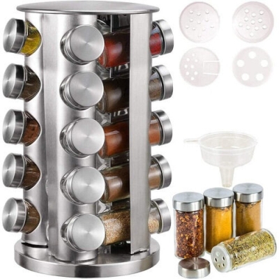 Picture of Set of 20 Spice Jars | Round Spice Rack |  Seasoning Dried Herbs Storage Organization | Stainless Steel Rotating Countertop Spice Holder Shelf for Kitchen Cabinet Organizer-Silver