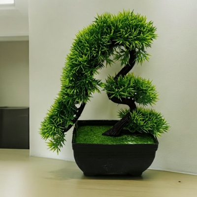 Picture of Elephant Trunk Design Green Artificial Bonsai Tree with Plastic Vases, 10 Inch Long, for Office Table Decoration, Gram Beauty Flower-Multicolor