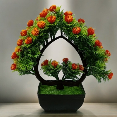Picture of Office Table Decoration: Heart Shape Design Green Artificial Bonsai Tree with Mini Multi-Color Flowers and Plastic Vases, 11 Inch, Gram Beauty Flower-Multicolor