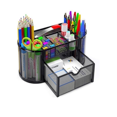 Picture of Desk Organizer Mesh Desktop Office Supplies Multi-functional Caddy Pen Holder Stationery with 8 Compartments and 1 Drawer for Office, Home, School, Classroom by Pipishell-Black