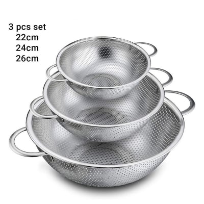Picture of Set of 3, Stainless Steel Micro-Perforated Colanders Strainers for Draining Rinsing Washing, Ideal for Pasta Vegetables Fruits, Heavy Duty & Dishwasher Safe 22cm, 24cm and 26cm-Silver