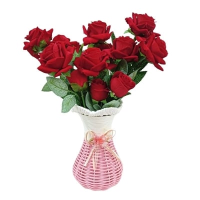 Picture of Artificial Velvet Roses Bunch in Multicolor Guldasta Pot - 14-15 Real Looking Heads, Plastic & Fabric, Vase & 3 Sticks Included - Ideal for Home & Restaurant Decor-Multicolor