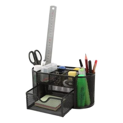 Picture of "Black Metal Mesh Desk Organizer - Fireproof & Durable Pen Holder, High-Temperature Resistant, 10.5 x 11 x 22 cm, Coated Finish, Multi-Functional for Office & School, 1 Piece"-Black