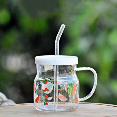 Picture of 1 pcs Glass Juice Sipper Mug with Plastic Lid & Glass Straw-Multicolor