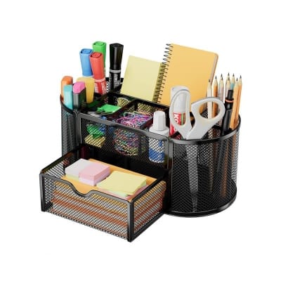 Picture of Black Metal Mesh Desk Organizer Pen Stand with Drawe-Black