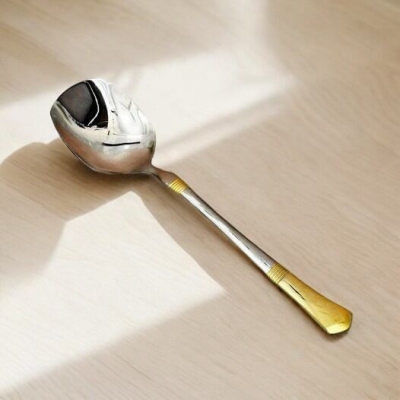 Picture of 10.3 Inch Stainless Steel Curry Spoon - Silver with Mirror Polish and Golden Handle, Perfect for Cooking-Silver