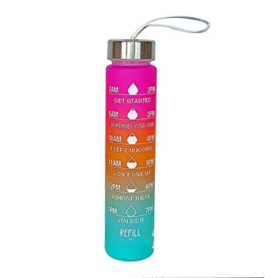Picture of 1pc 300ml large capacity pink gradient PC water bottle, with sticker sports and fitness portable straw cup, for home and travel outdoor use-Multicolor
