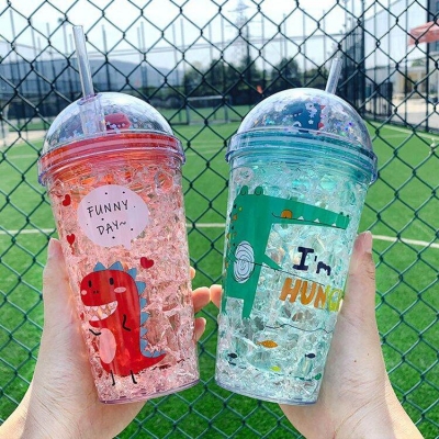 Picture of Children's Plastic Cup with Straw, for Dinosaur Dolls, 2 Layers, Freezer Water Bottle, Summer Gift-Multicolor