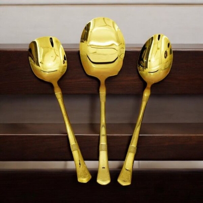 Picture of 3-Piece Set: 12 Inch Stainless Steel Spoons - Mirror Polish, Non-Magnetic, Golden Design, Includes Big Rice Spoon, Curry Serving Spoon, and Flat Turner Spoon, Ideal for Cooking and Serving-Gold